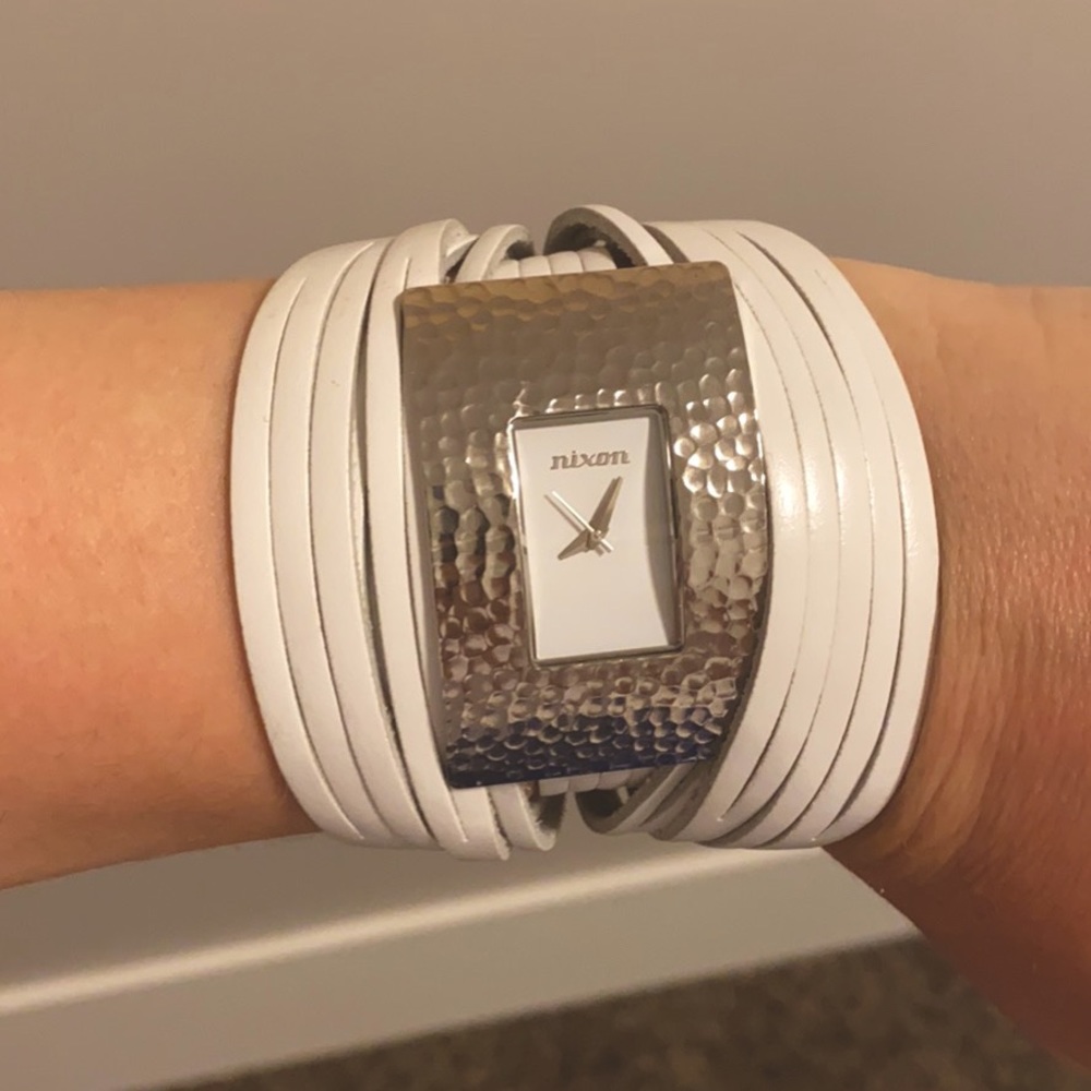 Nixon white leather and silver cuff watch